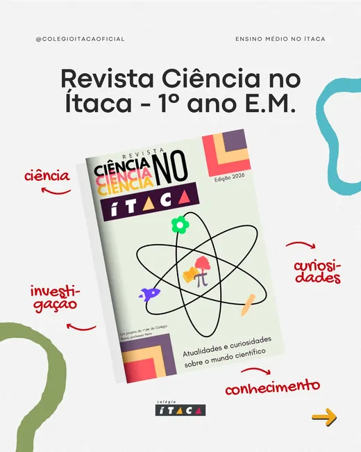 Post do Colégio Ítaca apresentando a Revista Ciência no Ítaca, do 1º ano do Ensino Médio, cercada pelas palavras ciência, investigação, curiosidades e conhecimento.