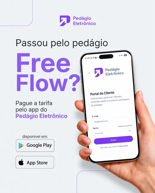 Post da Pedágio Eletrônico: “Passou pelo pedágio Free Flow? Pague a tarifa pelo app do Pedágio Eletrônico”, com o app aberto num celular e os selos do Google Play e da App Store.